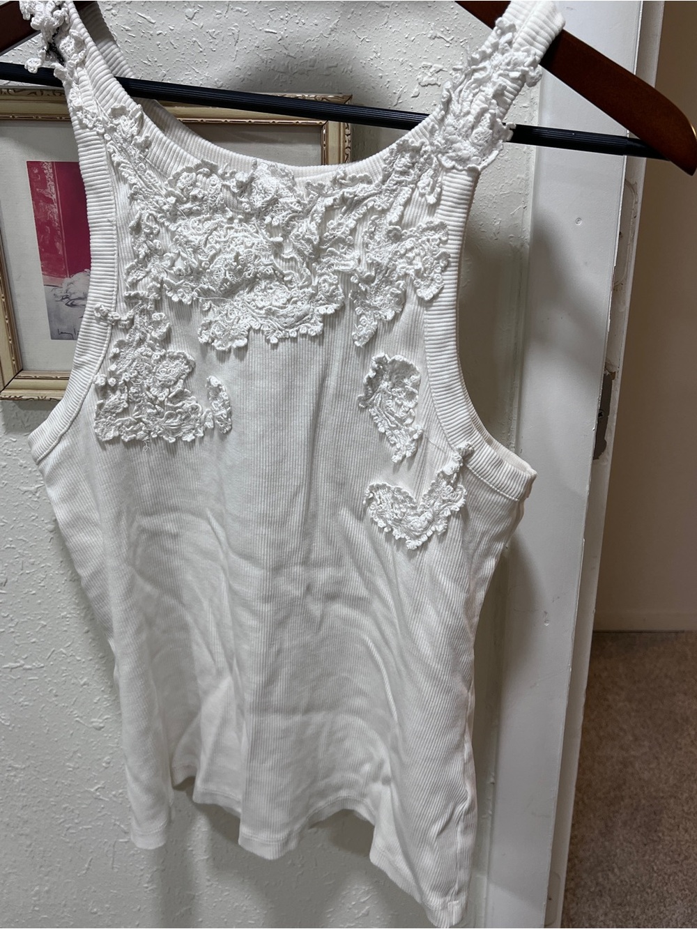 Anthropologie Cream Ribbed Tank with Lace Appliqué